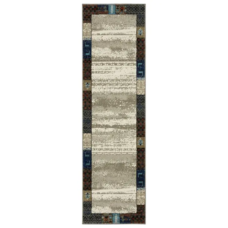 8' Beige Tan And Dark Blue Patchwork Runner Rug