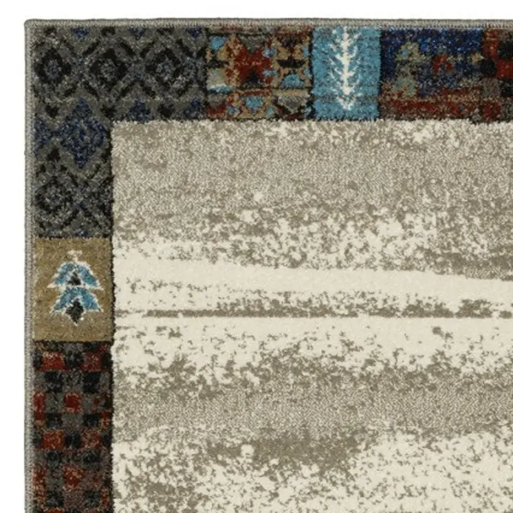 8' Beige Tan And Dark Blue Patchwork Runner Rug