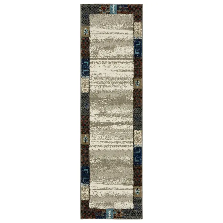 8' Beige Tan And Dark Blue Patchwork Runner Rug