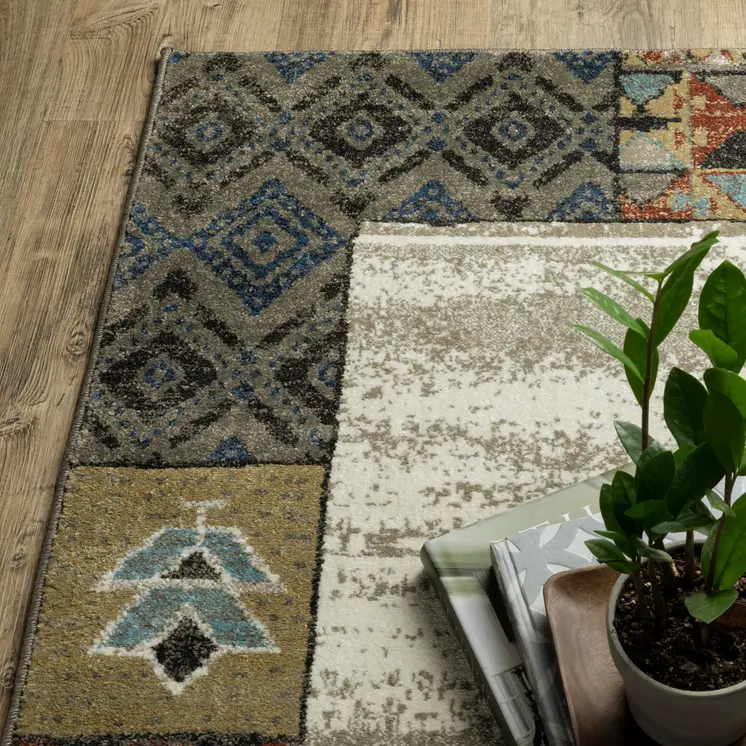 8' Beige Tan And Dark Blue Patchwork Runner Rug