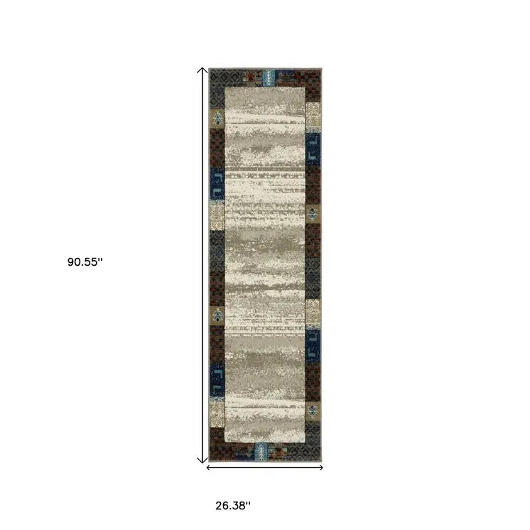 8' Beige Tan And Dark Blue Patchwork Runner Rug