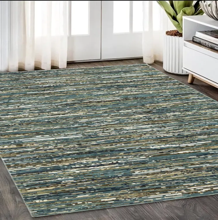 5' X 8' Blue Brown And Ivory Striped Area Rug