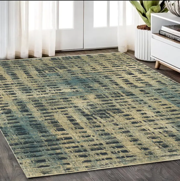 5' X 8' Beige And Blue Geometric Area Rug