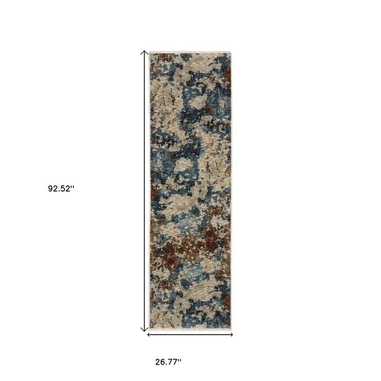 8' Beige Teal And Brown Abstract Runner Rug With Fringe