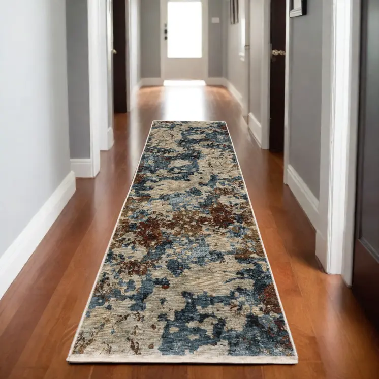 8' Beige Teal And Brown Abstract Runner Rug With Fringe