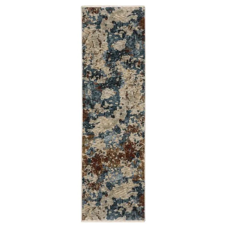 8' Beige Teal And Brown Abstract Runner Rug With Fringe