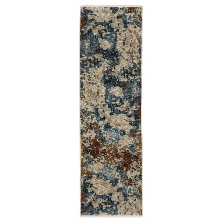 8' Beige Teal And Brown Abstract Runner Rug With Fringe