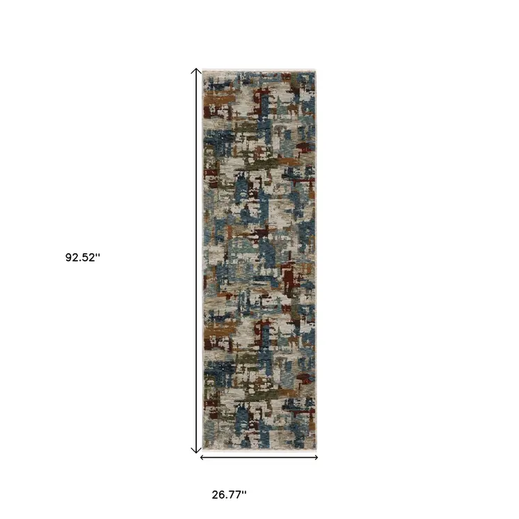 8' Beige Teal And Brown Abstract Runner Rug With Fringe