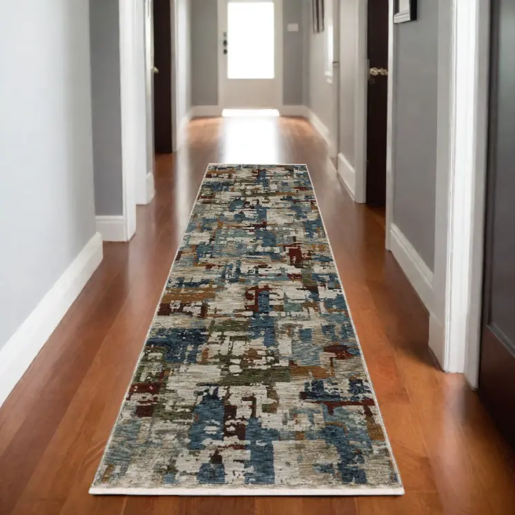 8' Beige Teal And Brown Abstract Runner Rug With Fringe