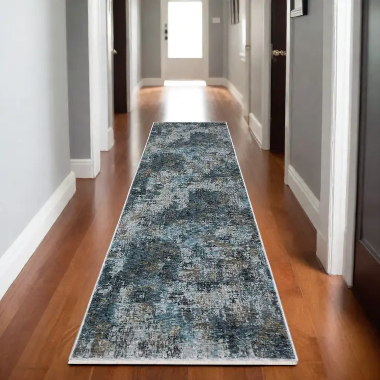 8' Blue And Gray Abstract Runner Rug With Fringe