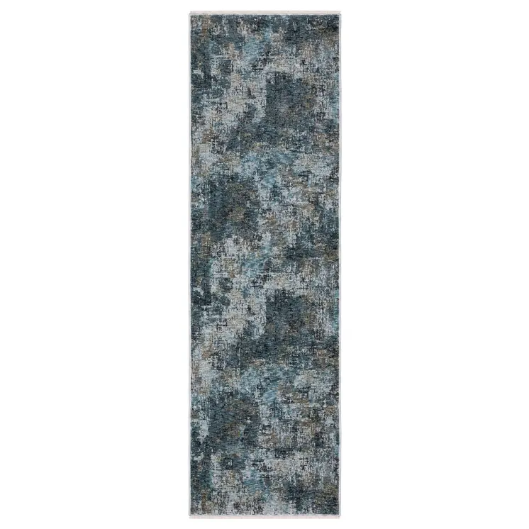 8' Blue And Gray Abstract Runner Rug With Fringe