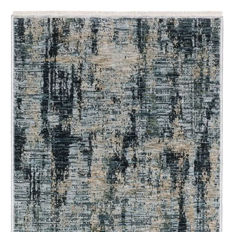 8' Beige And Blue Abstract Runner Rug With Fringe