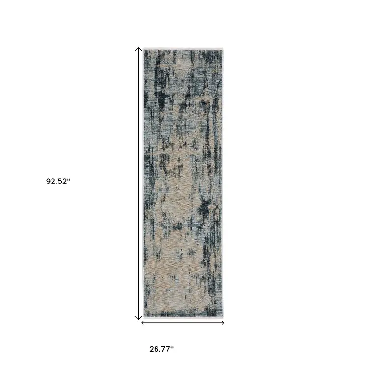 8' Beige And Blue Abstract Runner Rug With Fringe