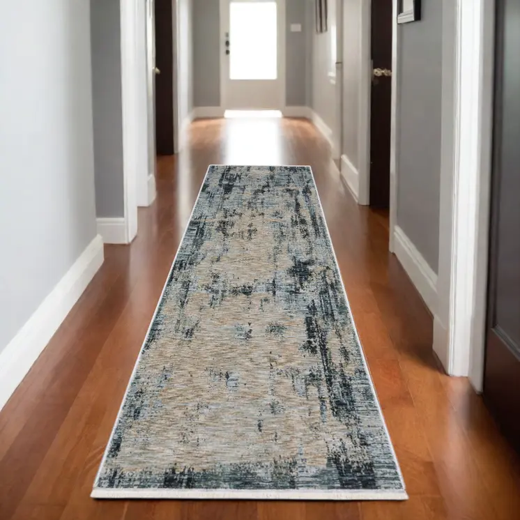 8' Beige And Blue Abstract Runner Rug With Fringe