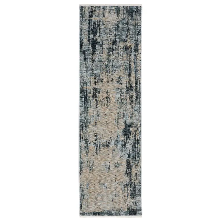 8' Beige And Blue Abstract Runner Rug With Fringe