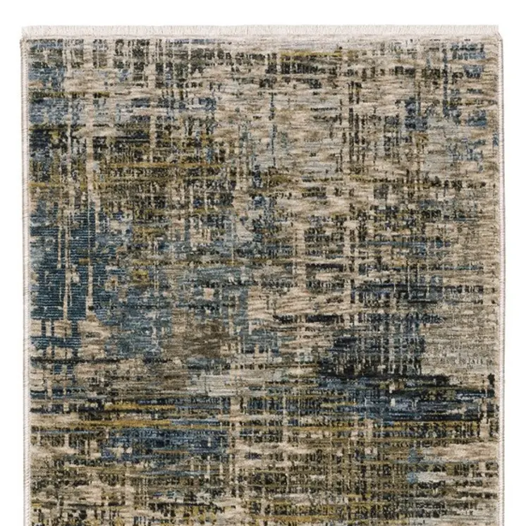 8' Blue And Gold Abstract Runner Rug With Fringe