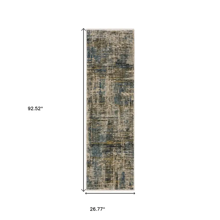 8' Blue And Gold Abstract Runner Rug With Fringe