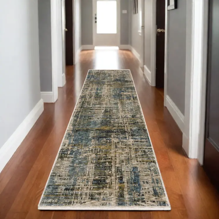 8' Blue And Gold Abstract Runner Rug With Fringe