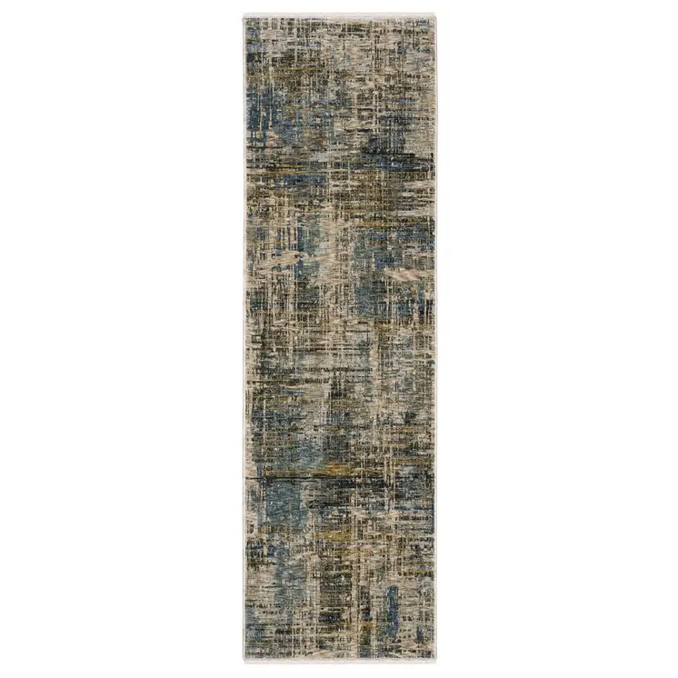 8' Blue And Gold Abstract Runner Rug With Fringe