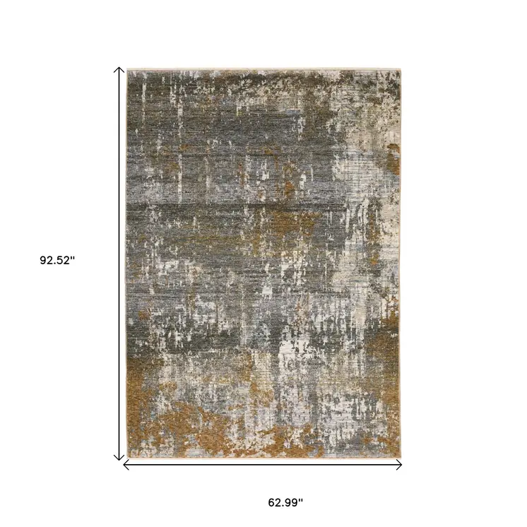 5' X 8' Gray And Gold Abstract Area Rug With Fringe