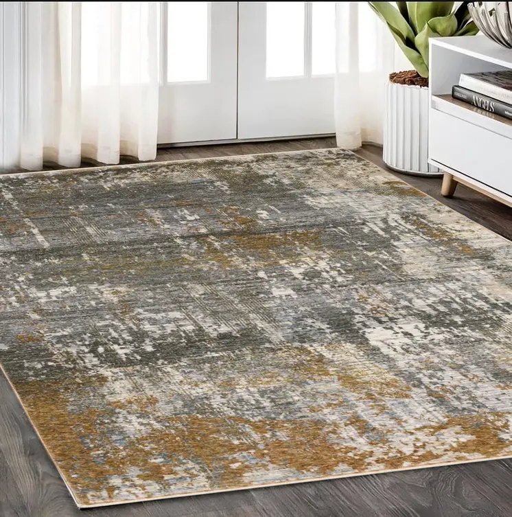5' X 8' Gray And Gold Abstract Area Rug With Fringe