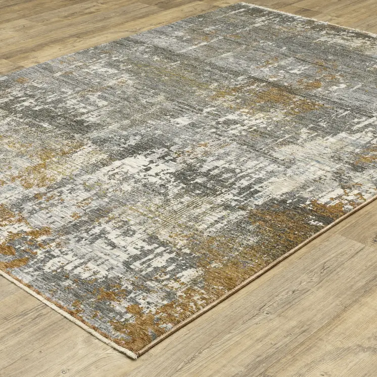 5' X 8' Gray And Gold Abstract Area Rug With Fringe