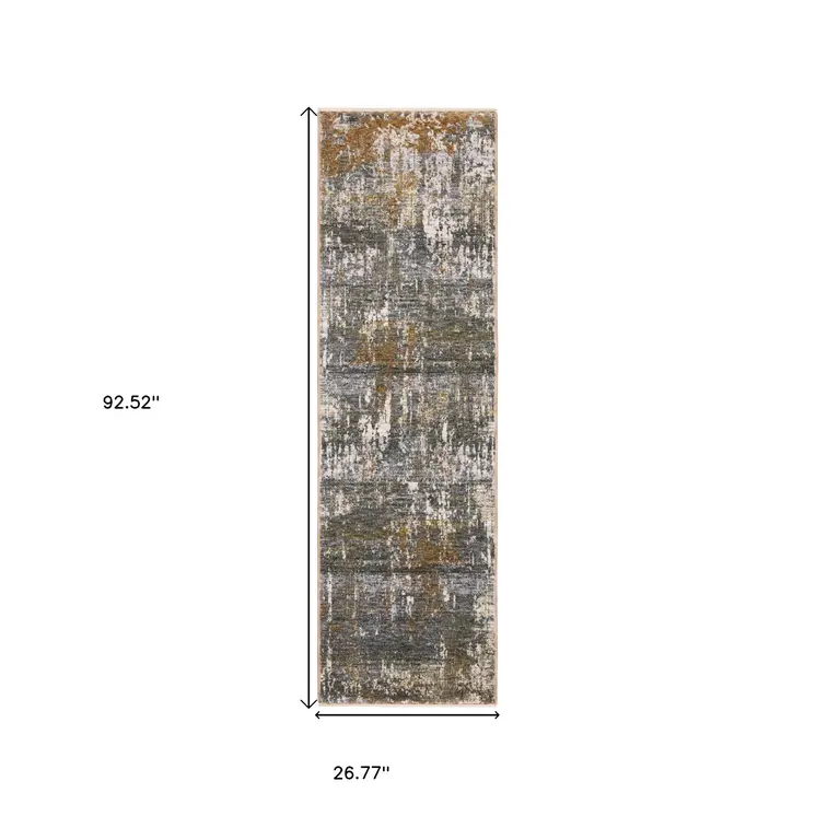 8' Gray And Gold Abstract Runner Rug With Fringe