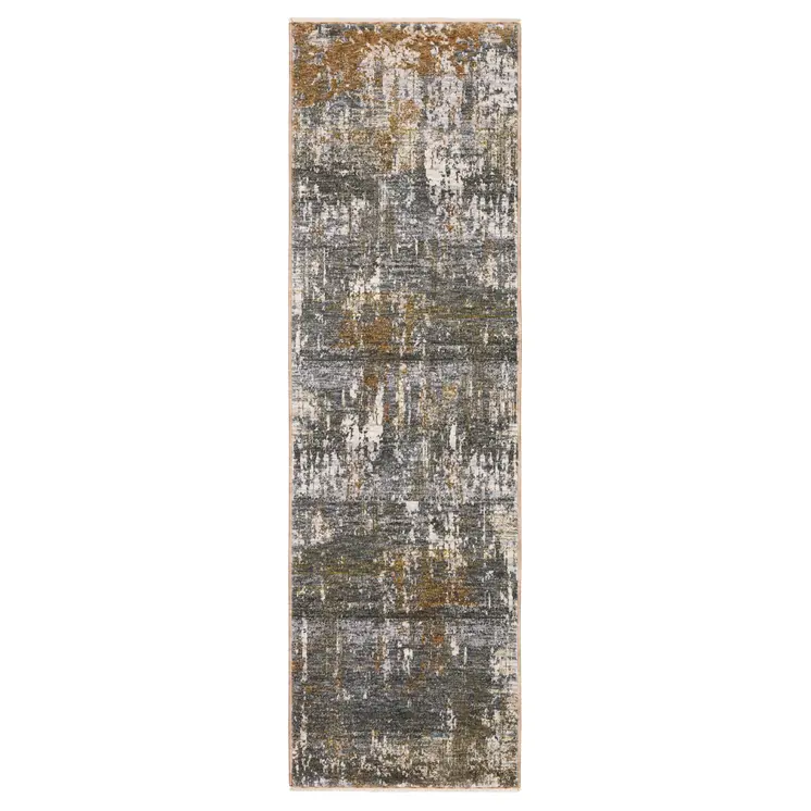 8' Gray And Gold Abstract Runner Rug With Fringe