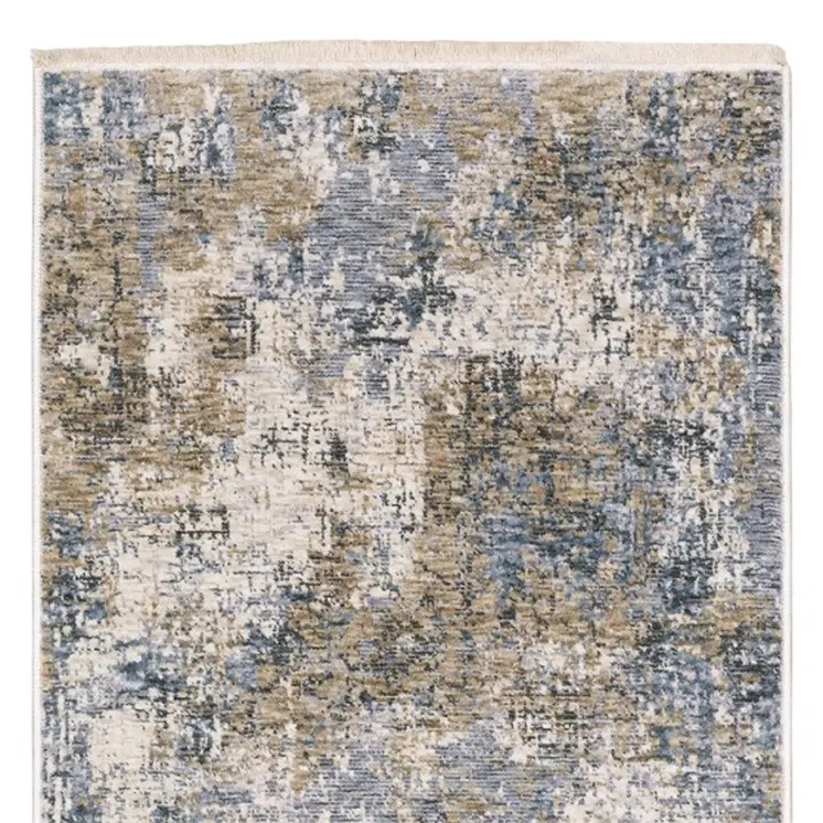 8' Beige And Blue Abstract Runner Rug With Fringe
