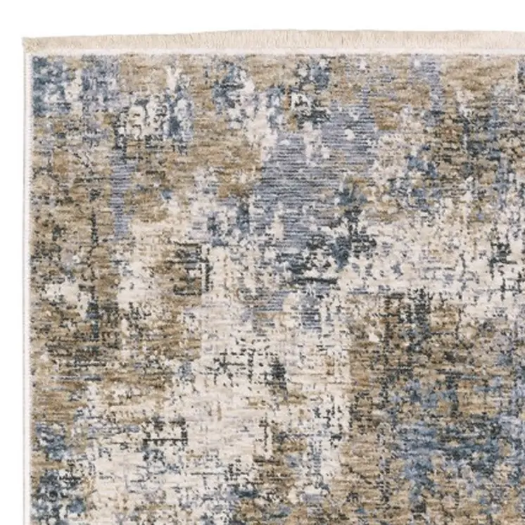 8' Beige And Blue Abstract Runner Rug With Fringe