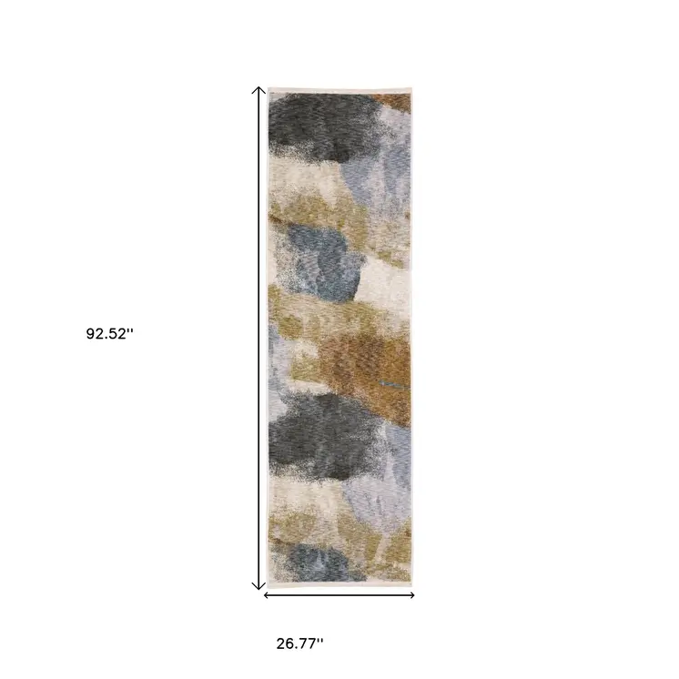 8' Beige And Rust Abstract Runner Rug With Fringe