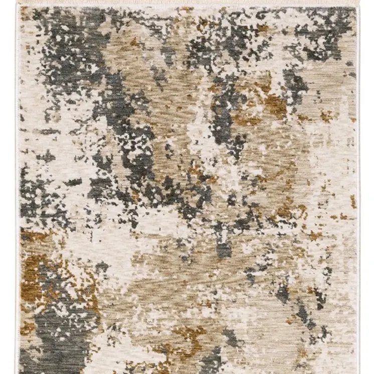 8' Beige And Gray Abstract Runner Rug With Fringe