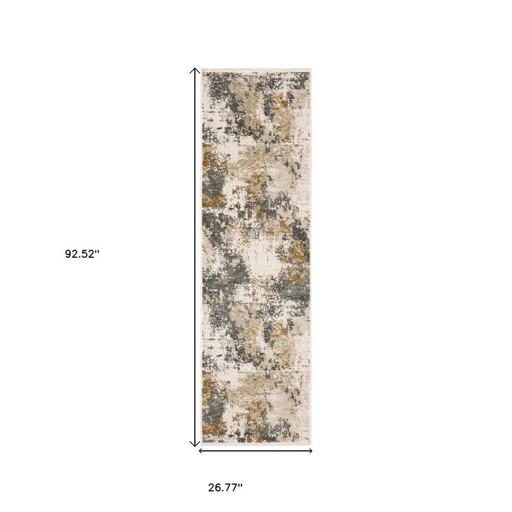 8' Beige And Gray Abstract Runner Rug With Fringe