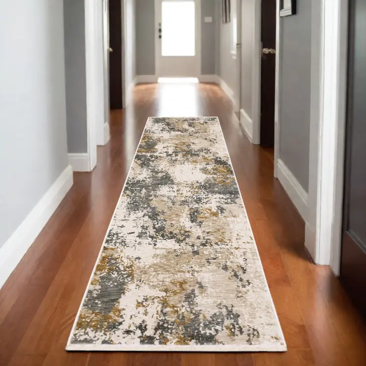 8' Beige And Gray Abstract Runner Rug With Fringe