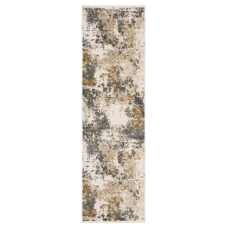 8' Beige And Gray Abstract Runner Rug With Fringe