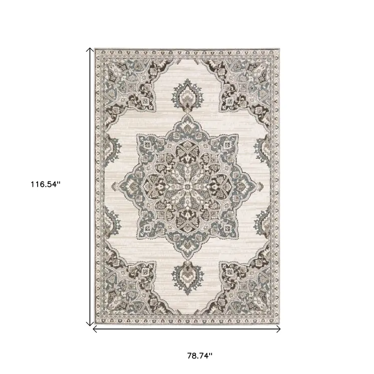 7' X 10' Gray And Blue Medallion Area Rug
