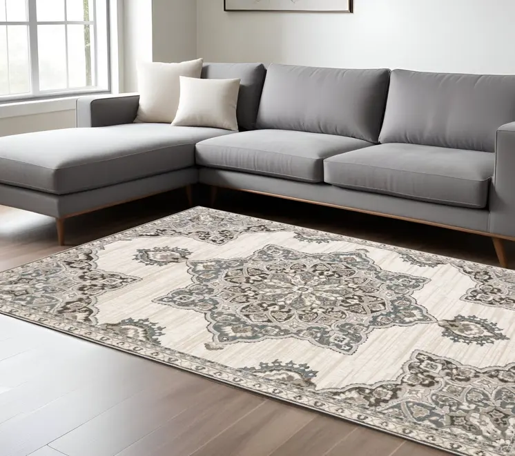 7' X 10' Gray And Blue Medallion Area Rug
