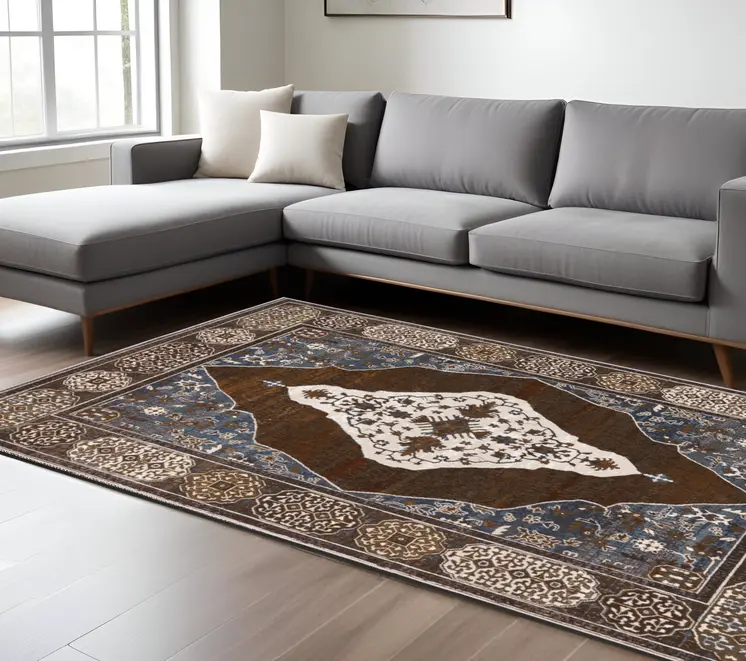7' X 10' Gray And Blue Medallion Area Rug