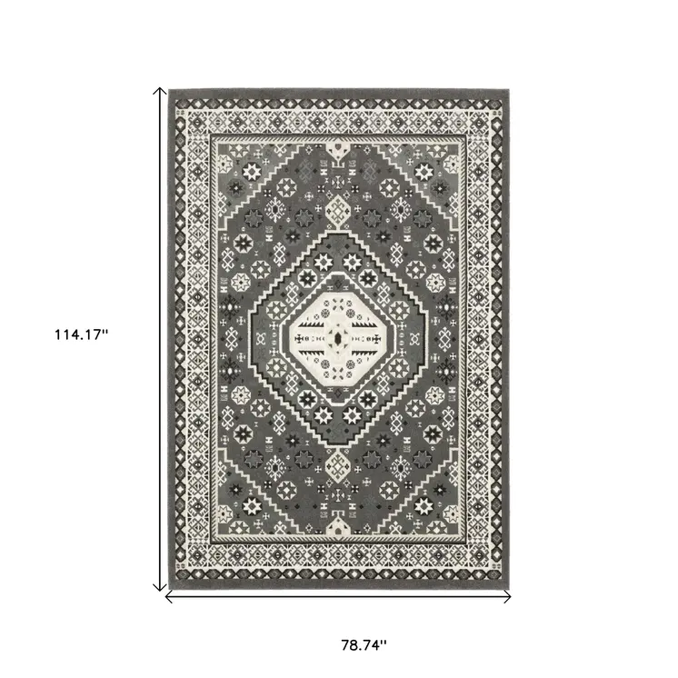 7' X 10' Gray And Ivory Medallion Area Rug