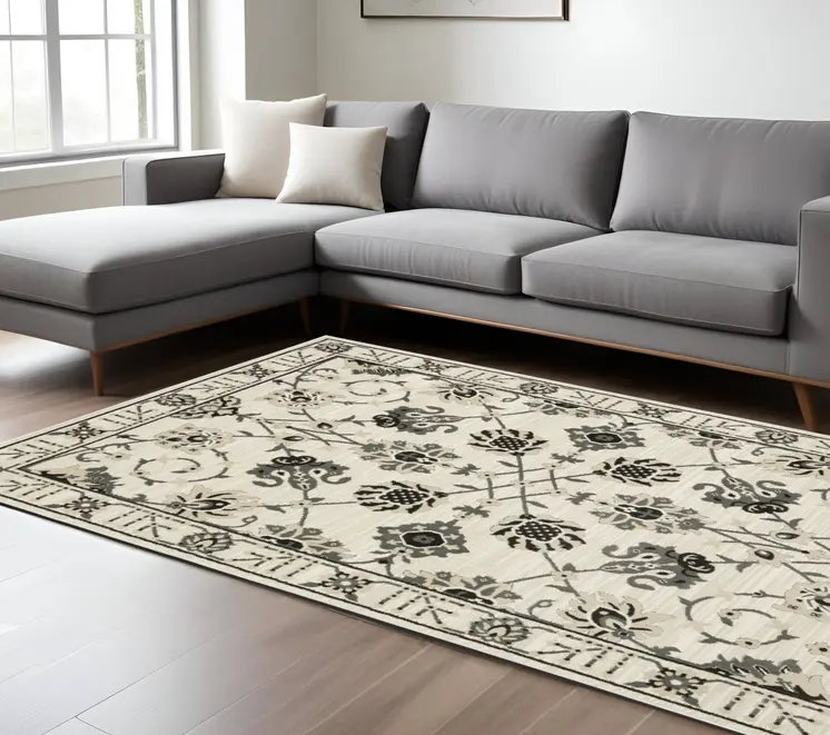 7' X 10' Ivory And Gray Oriental Area Rug