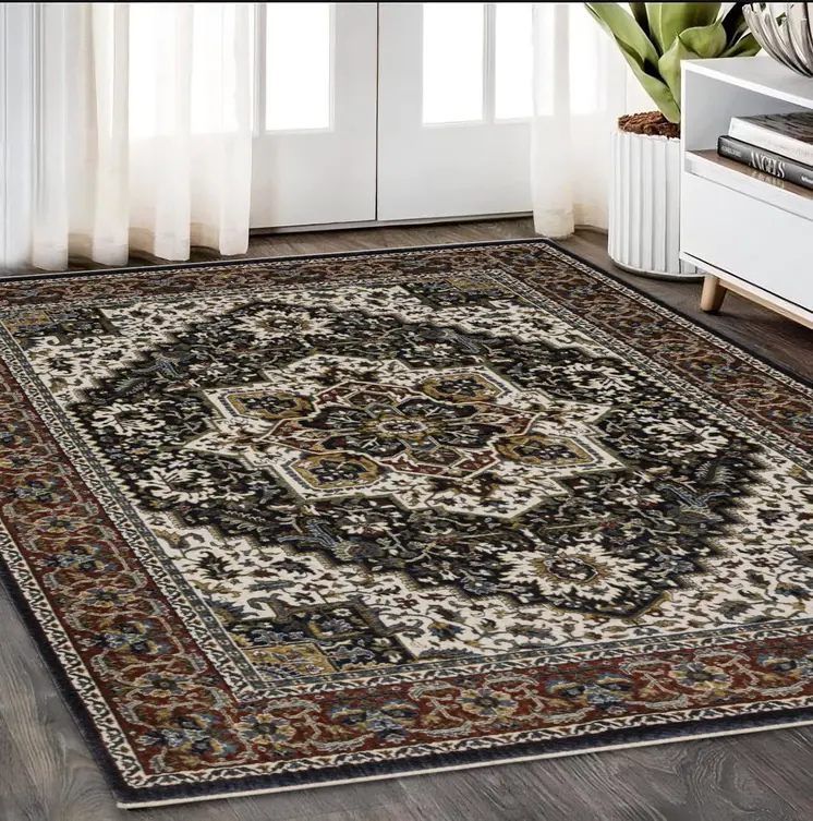 5' X 8' Navy Blue Black And Tan Medallion Area Rug With Fringe