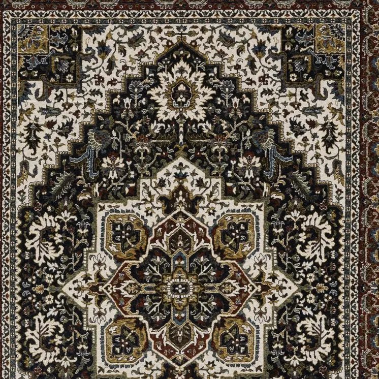5' X 8' Navy Blue Black And Tan Medallion Area Rug With Fringe