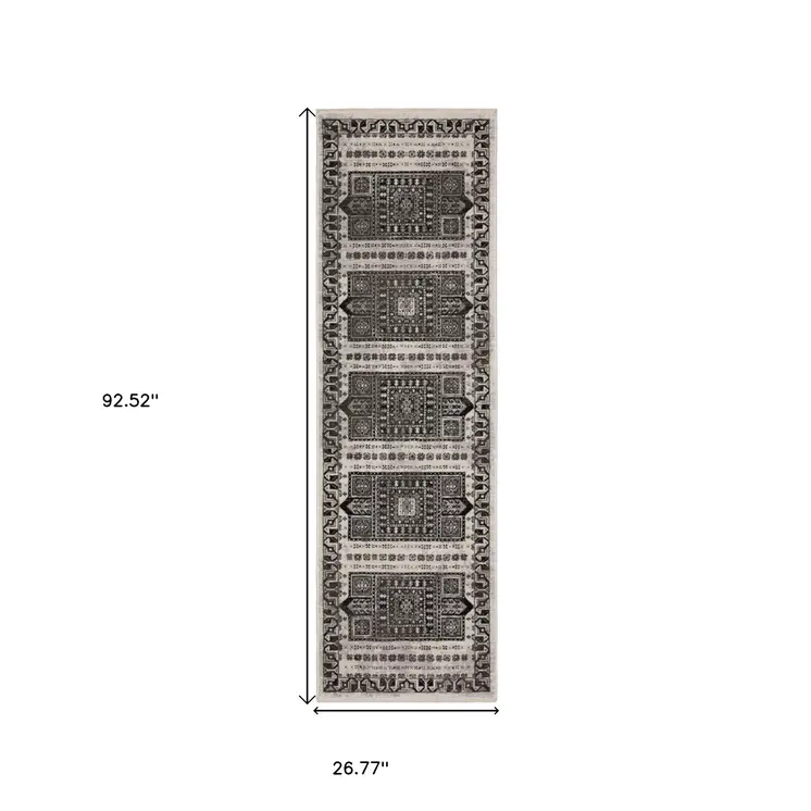 8' Ivory And Charcoal Oriental Runner Rug With Fringe