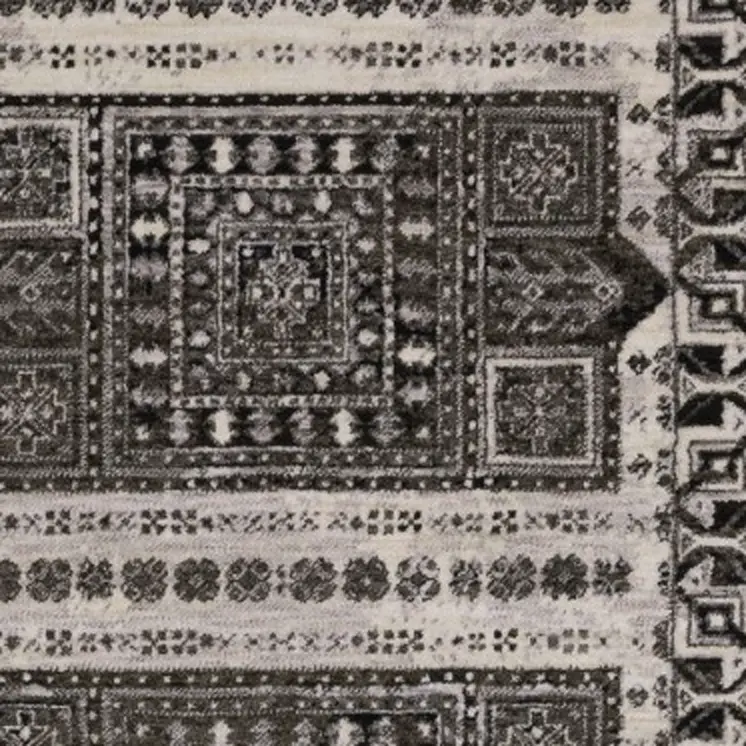 8' Ivory And Charcoal Oriental Runner Rug With Fringe