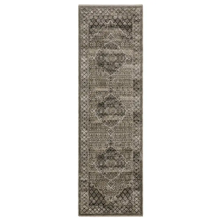 8' Gray And Beige Medallion Runner Rug With Fringe
