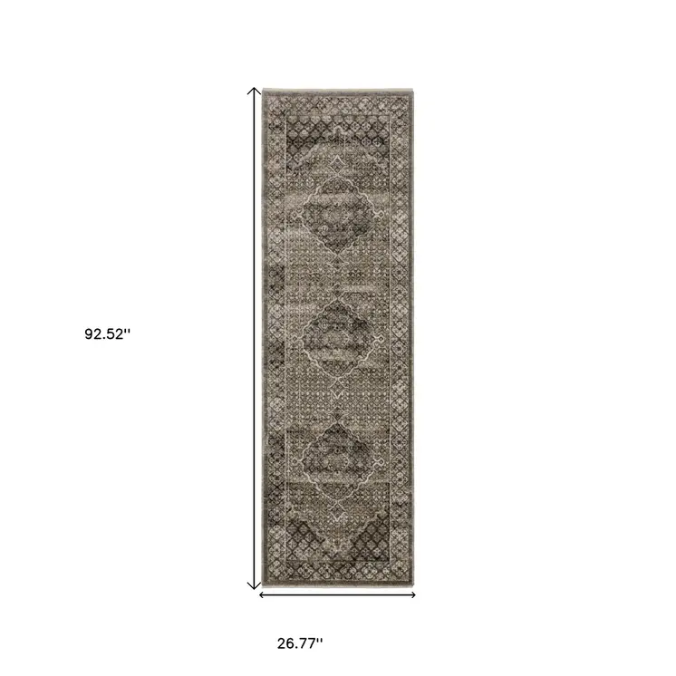 8' Gray And Beige Medallion Runner Rug With Fringe