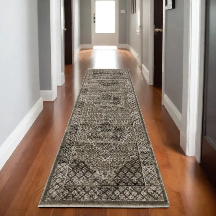 8' Gray And Beige Medallion Runner Rug With Fringe