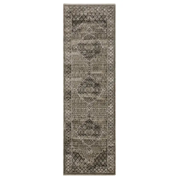 8' Gray And Beige Medallion Runner Rug With Fringe