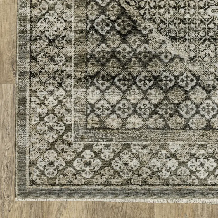 8' Gray And Beige Medallion Runner Rug With Fringe