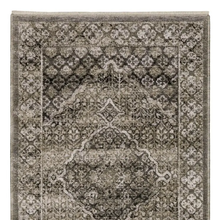 8' Gray And Beige Medallion Runner Rug With Fringe